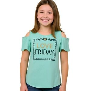 Lily Bleu Blouse Girls Love Friday Cold Shoulder Top Teal Turquoise Size M 10/12
